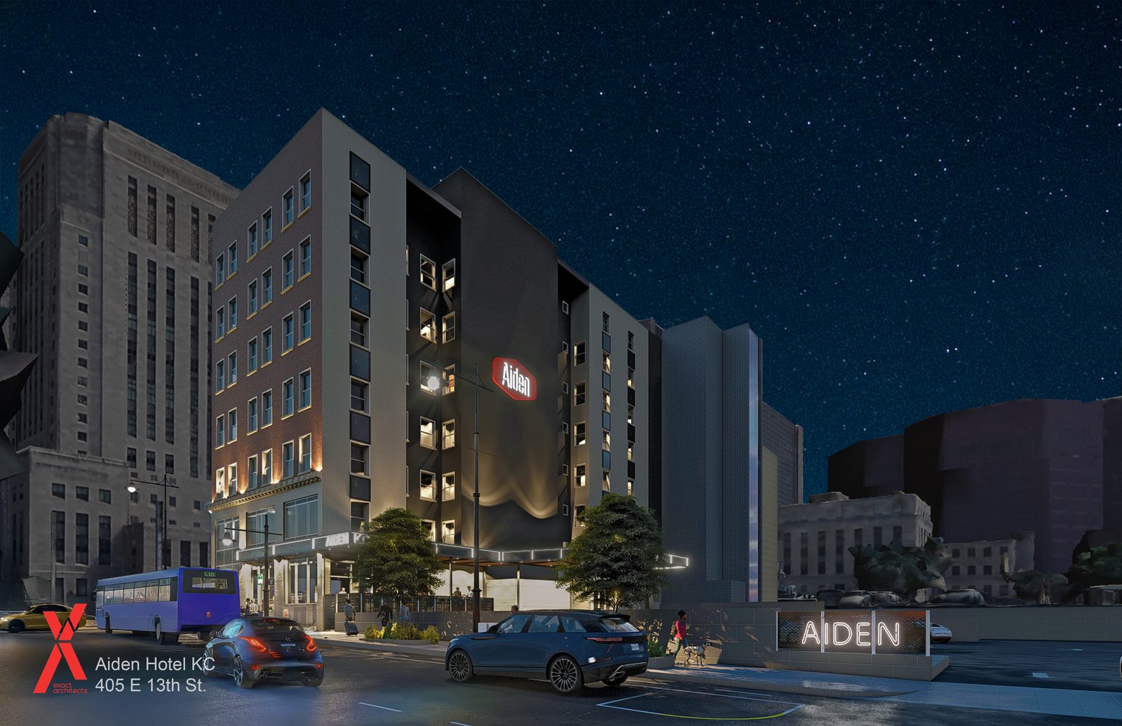 The completed Aiden Hotel, an 86-key boutique hotel conversion in downtown Kansas City