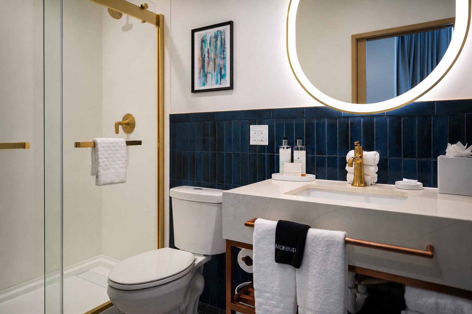 Guest bath at the Aiden, finished in deep blue tile with brass fixtures