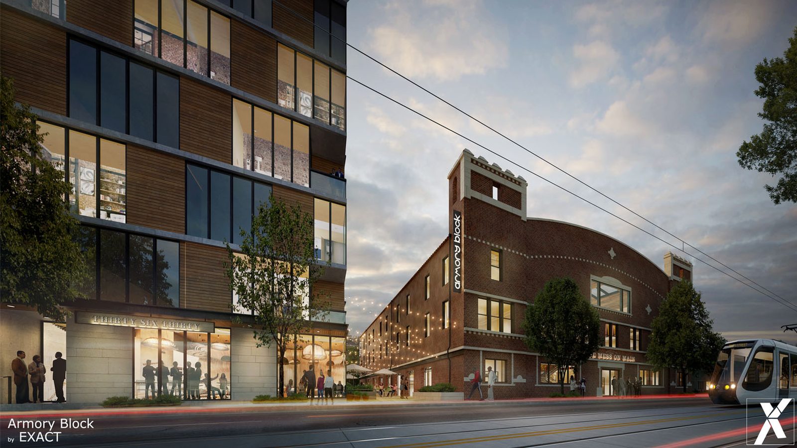 The Armory Block at 3620 Main as designed, the 1923 armory beside a new building with the streetcar passing