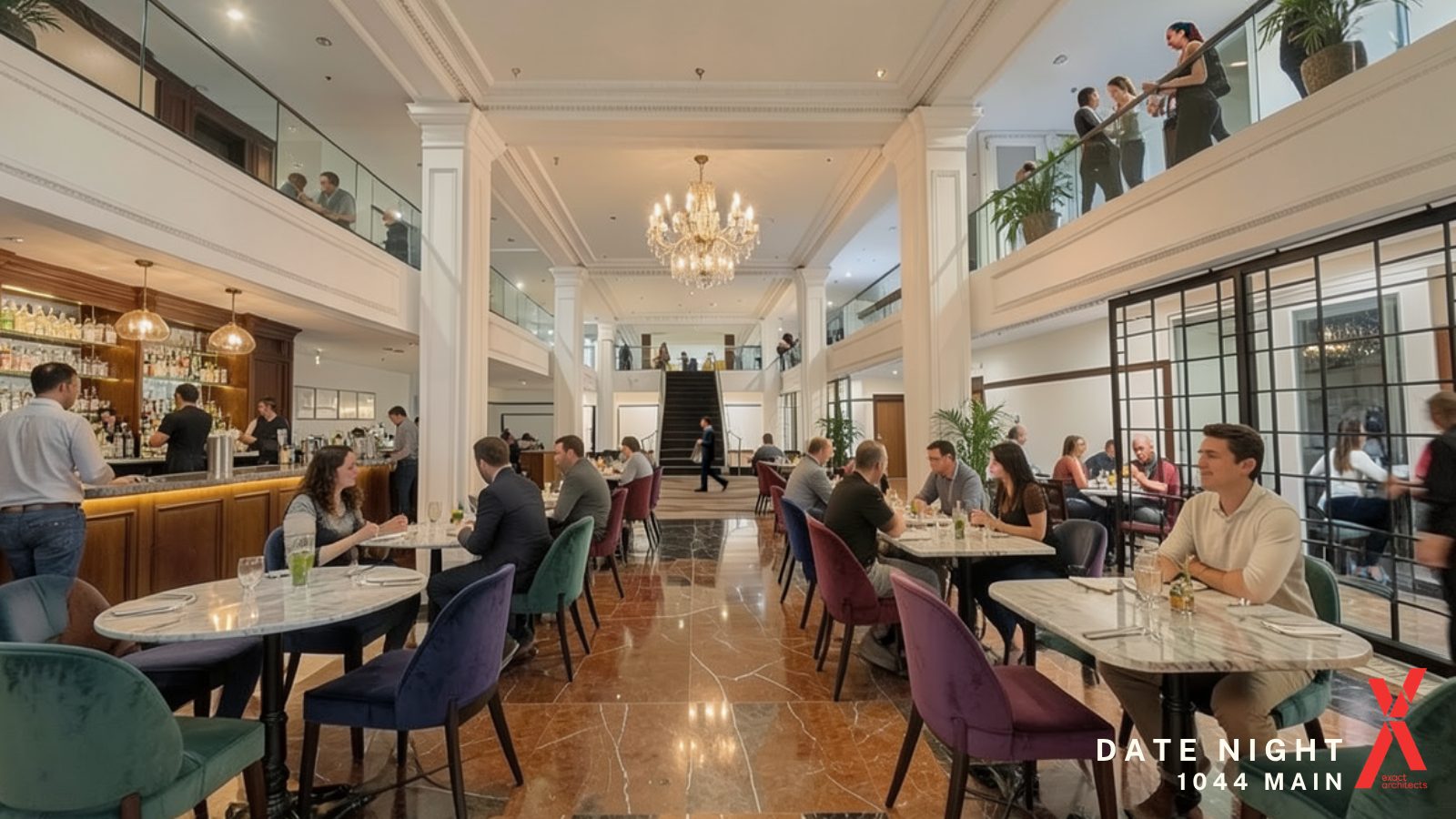 The same mezzanine hall at 1044 Main as designed, restored as a bar and dining room under the original ceiling
