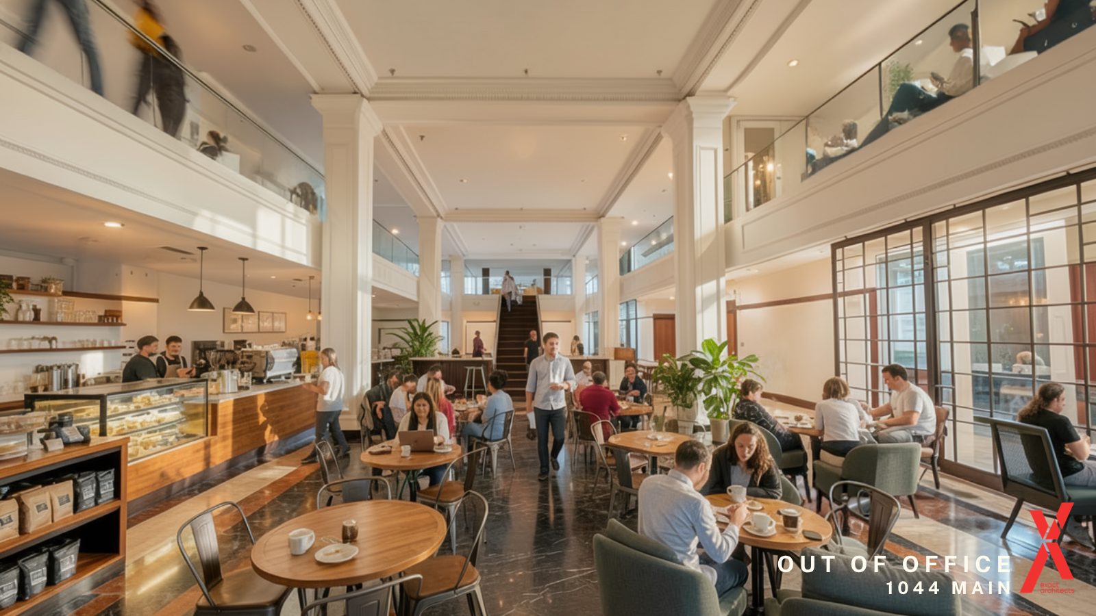 The same lower level at 1044 Main as designed, a cafe and workspace