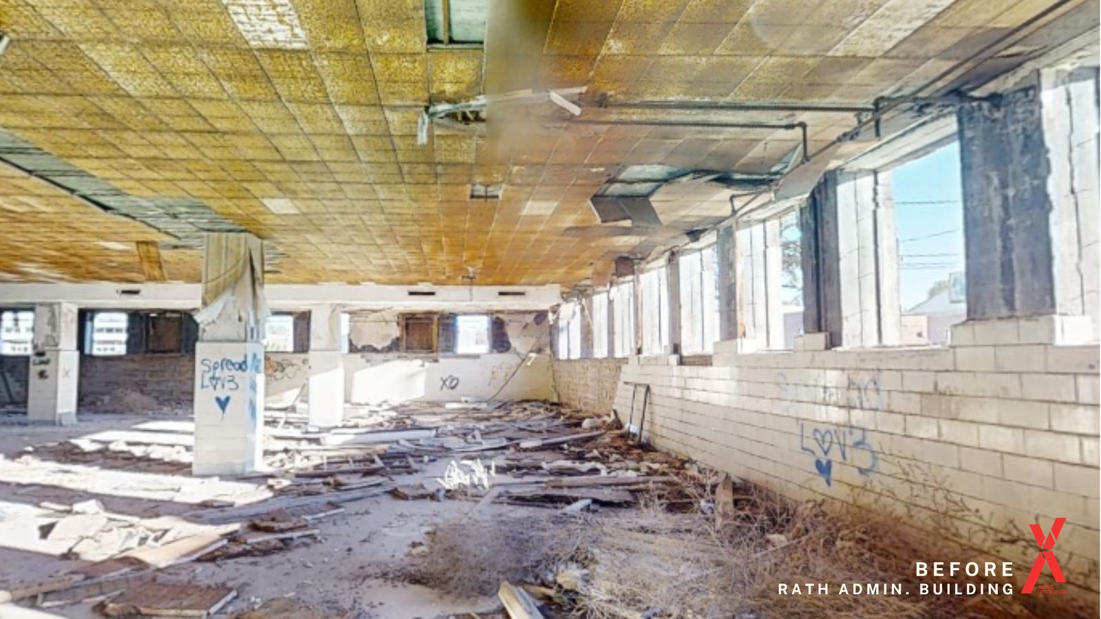 The Rath Administration Building in Waterloo, Iowa as found, in design as affordable housing