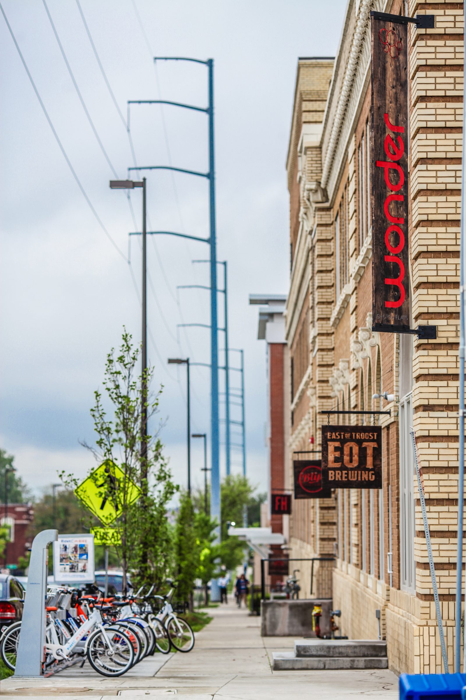 Restored Romanesque facade of the Wonder Shops + Flats, former Wonder Bread factory